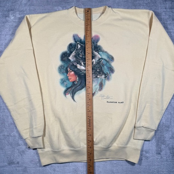 Vintage Nature Sweatshirt Mens XL Yellow Jan Taylor Native American Wolf - Picture 8 of 11